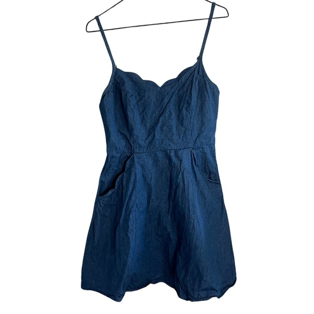 Market & Spruce Blue Denim Chambray Scallop Edge Fit and Flare Mini Dress